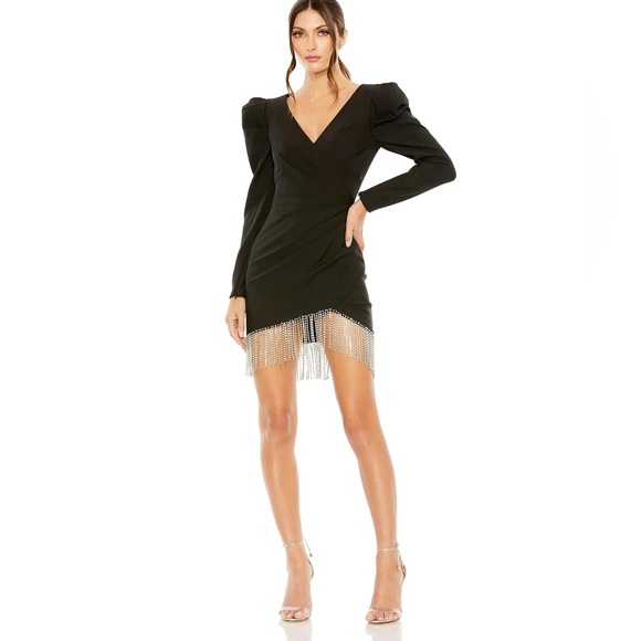 Mac Duggal Faux Wrap Beaded Fringe Hem Mini Dress Size 6 NWT - Picture 1 of 2